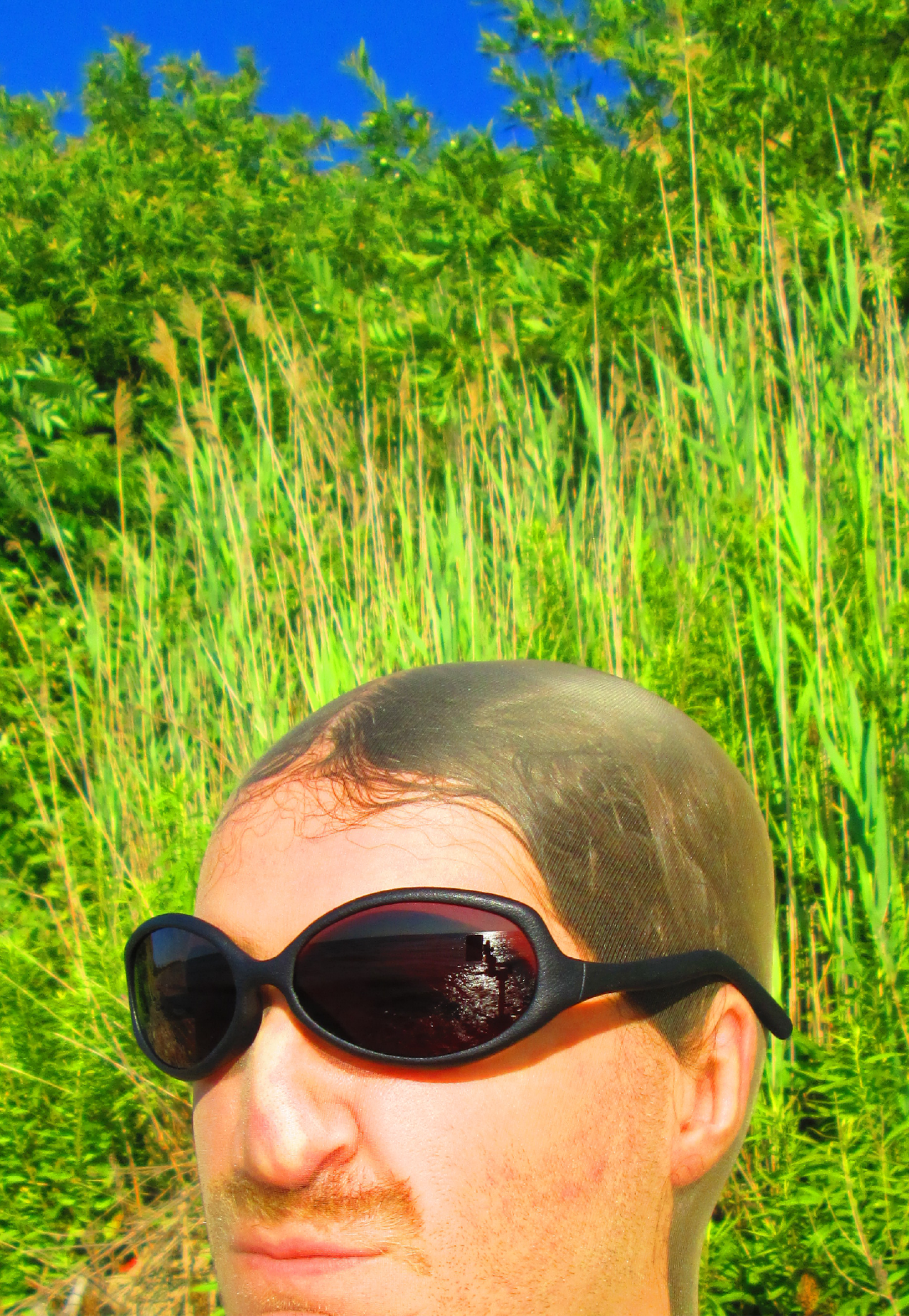 3D render of a bald model wearing black sunglasses with transparent grey lenses